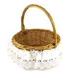 Dress your Easter basket in beautiful traditional skirting.  Stretch band at the top.  Fits smaller baskets up to 15" in diameter or oval baskets that measure up to 26" around the outside.  Please note basket in this picture is not included.