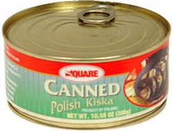 Kiska (kishka) from Poland in a pull-top can. Ingredients: Water, Pork Head Meat, Pork Skins, Pork Blood, Pork Liver, Pearl Barley, Buckwheat, Pork Meat, Pork Fat, Onion, Salt, Marjoram, Black Pepper, Pimento.