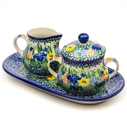 Polish Pottery 9.5" Sugar Bowl & Creamer Set. Hand made in Poland. Pattern U2202 designed by Maria Starzyk.
