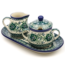 Polish Pottery 9.5" Sugar Bowl & Creamer Set. Hand made in Poland. Pattern U942 designed by Ewa Tubaj.