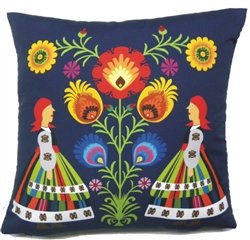 Beautiful stuffed folk design pillow. 100% polyester and made in Poland. Back side of the pillow is solid black. Zipper on one side for convenient cleaning. &#8203;Size 14" x 14".