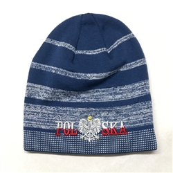 Display your Polish heritage! Blue stretch knit skull cap, which features Poland's national symbol the crowned eagle. Easy care acrylic fabric. Fully Lined. One size fits most. Imported from Poland.