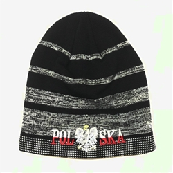 Display your Polish heritage! Navy blue and grey stretch knit skull cap, which features Poland's national symbol the crowned eagle. Easy care acrylic fabric. Fully Lined. One size fits most. Imported from Poland.