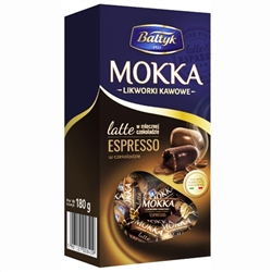 Milk chocolate covered shells filled with espresso flavor liquid filling.  Contains real coffee concentrate. Individually wrapped. Approx 24 pieces.
&#8203;Does not contain any alcohol.