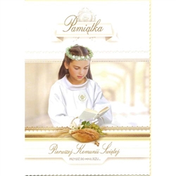 Polish First Communion Card - his card is beautifully embellished with shimmering detail around the wreath and on the flowers that is appropriate for a girl.