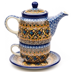 Polish Pottery 16 oz. Personal Teapot Set. Hand made in Poland. Pattern U152 designed by Maryla Iwicka.