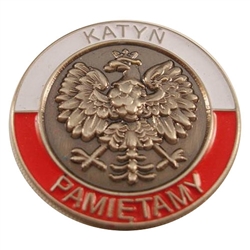Attractive Polish Eagle lapel pin featuring the red and white colors of the Polish flag and the words Katyn Pamietamy.  Tie Tack Back.