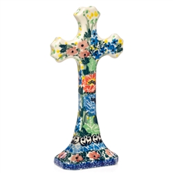 Polish Pottery Standing Cross 6 in.. Hand made in Poland. Pattern U3854 designed by Teresa Liana.