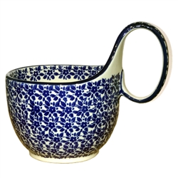 Polish Pottery 14 oz. Soup Bowl with Handle. Hand made in Poland and artist initialed.