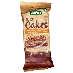 Super delicious rice cake covered on one side with rich milk chocolate (51%) sprinkled with salted caramel pieces. 4 cakes to a package.