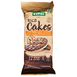 Super delicious rice cake covered on one side with rich Belgian dark chocolate (50%) sprinkled with orange flavoured pieces. 4 cakes to a package.
