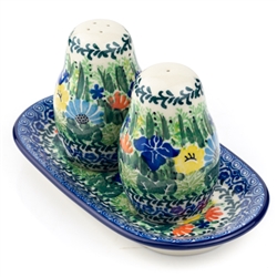 Polish Pottery 7" Salt and Pepper Set. Hand made in Poland. Pattern U2202 designed by Maria Starzyk.