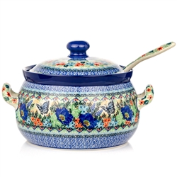 Polish Pottery 11" Soup Tureen with Ladle. Hand made in Poland. Pattern U4864 designed by Teresa Liana.