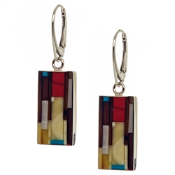 Beautiful set of dangle earrings, consisting of a mosaic of amber, red agate and turquoise with a European clasp. Size is approx 1.5" x .5".