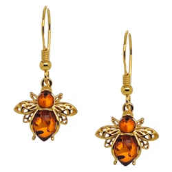 A pair of gold plated silver honey bees with golden honey amber orbs. Size approx 1.25" x .5".