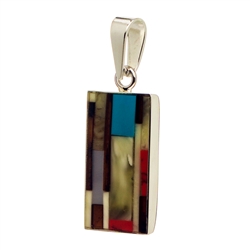 Hand made with sterling silver detail. Beautiful mosaic of amber, red agate and turquoise. Size is approx 1.25" x .5"