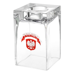 Heavy (2.5lbs) glass display holder for a tea light.  Decorated with the Polish Eagle below the word Polska (Poland). Size is approx 5.5" Tall x 3.5" Square".