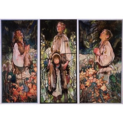 This set of 3 Stained Glass Window Applique This Triptych by Kazimierz Sichulski was done in 1909. It is now in the National Museum of Warsaw.
These can be easily applied to a clean window and are reusable. Made In Poland