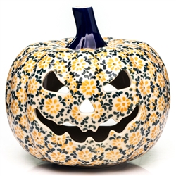 Polish Pottery 7" Pumpkin Jack-O'Lantern. Hand made in Poland and artist initialed.