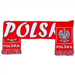 Attractive red and white Polska scarf. Two ply Polyester woven scarf approximately 60" Long x 7½" Wide.  Imported from Poland&#8203;
