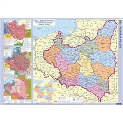 The Historical Map of Poland is a unique map containing administrative maps of Poland. It is the only map that shows such a vast area of historical knowledge.
Two sided. The main map shows the administrative division of the Second Republic of Poland from