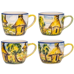 Polish Pottery Cups - Set of 4. Hand made in Poland. Pattern L45 designed and signed by Jacek Chyla.