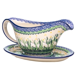 Polish Pottery 20 oz. Gravy Boat 2 piece set. Hand made in Poland. Pattern U4915 designed by Maria Starzyk.