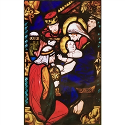 Stained Glass Window Applique by Jozef Mehoffer, Stanislaw Wyspianski, Scene from the life of the Blessed Virgin Mary, in the National Museum in Krakow collection, 1902-1906. These can be easily applied to a clean window and are reusable.  Made In Poland