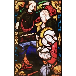 Stained Glass Window Applique by Jozef Mehoffer, Stanislaw Wyspianski, Scene from the life of the Blessed Virgin Mary, in the National Museum in Krakow collection, 1902-1906. These can be easily applied to a clean window and are reusable.  Made In Poland