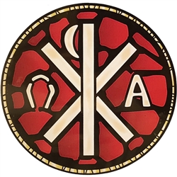Stained Glass Window Applique of  Alpha Omega - Monogram of Jesus Christ. These can be easily applied to a clean window and are reusable.  Made In Poland