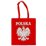 Red 100% cotton tote bag made in Poland. Size approx 14.4" x 16" not including the handles. Handles are 11" long.