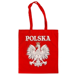 Red 100% cotton tote bag made in Poland. Size approx 14.4" x 16" not including the handles. Handles are 11" long.