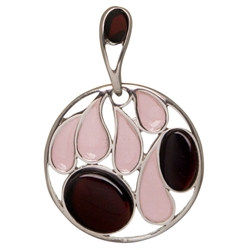 Artistic sterling silver circle with pink enamel and cherry amber highlights. Size is approx 1.5" x 1". Matching earrings available. See product code 9828000.