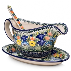 Polish Pottery 20 oz. Gravy Boat 3 piece set. Hand made in Poland. Pattern U2202 designed by Maria Starzyk.