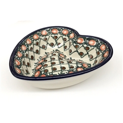 Polish Pottery 7" Heart Shaped Dish. Hand made in Poland. Pattern U42 designed by Anna Pasierbiewicz.
