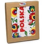 Beautiful set of three 100% cotton tea towels made in Poland. Size approx 24.5" x 18" Gift boxed.  Each features the word Polska (Poland) surround by paper cut designs.  Polska is in green, blue and red (one color on each towel).