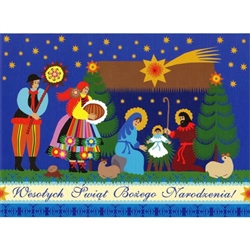 A beautiful glossy Christmas card featuring the Holy Family presented with a gift of bread from a couple in Polish Lowicz folk custumes.