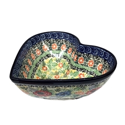 Polish Pottery 7" Heart Shaped Bowl. Hand made in Poland. Pattern U4021 designed by Maria Starzyk.