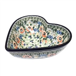 Polish Pottery 7" Heart Shaped Bowl. Hand made in Poland. Pattern U2637 designed by Maria Starzyk.
