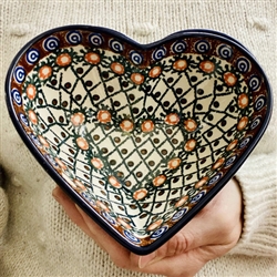 Polish Pottery 7" Heart Shaped Bowl. Hand made in Poland. Pattern U42 designed by Anna Pasierbiewicz.