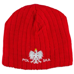 Display your Polish heritage!  Red stretch ribbed-knit skull cap, which features Poland's national symbol the crowned white eagle in white italic letters below.  Easy care acrylic fabric.  One size fits all.   Imported from Poland.