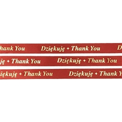 5/8" Red Ribbon with Gold hot stamp 'Dziekuje *Thank you' sold by the yard for making your next gift more interesting and unique! Also use as embellishments on Scrapbooking pages!  Translation: This Ribbon is hot stamped on one side