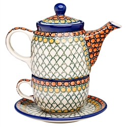 Polish Pottery 16 oz. Personal Teapot Set. Hand made in Poland. Pattern U81 designed by Teresa Liana.