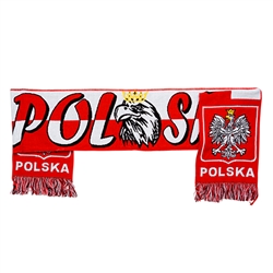 Attractive red and white Polska scarf. Two ply Polyester woven scarf approximately 60" Long x 7.5" Wide. Imported from Poland