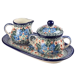 Polish Pottery 9.5" Sugar Bowl & Creamer Set. Hand made in Poland. Pattern U2292 designed by Maria Starzyk.