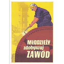 Post Card: Mlodziezy Zbobywaj Zawod poster designed by artist Wiktor Gorka. It has now been turned into a post card size 4.75" x 6.75" - 12cm x 17cm.