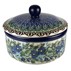 Polish Pottery 5" Round Butter Dish. Hand made in Poland. Pattern U2957 designed by Zofia Spychalska.