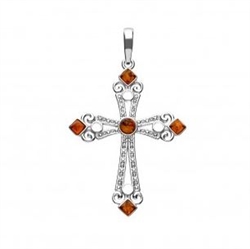 Sterling silver cross with Baltic Amber detail.  Size is approx 1.75" x 1.1"