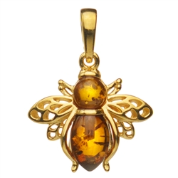 Gold plated sterling silver honey bee with beautiful honey amber drops. Pendant size is approx. 1" x .75".
