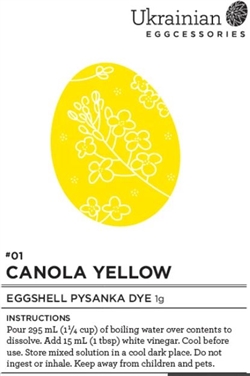 Non-edible chemical dye. This nice bright "Canola Yellow" pysanka dye covers well and does not have an oily feel. Canola Yellow is often the first dye colour used on a pysanka.
